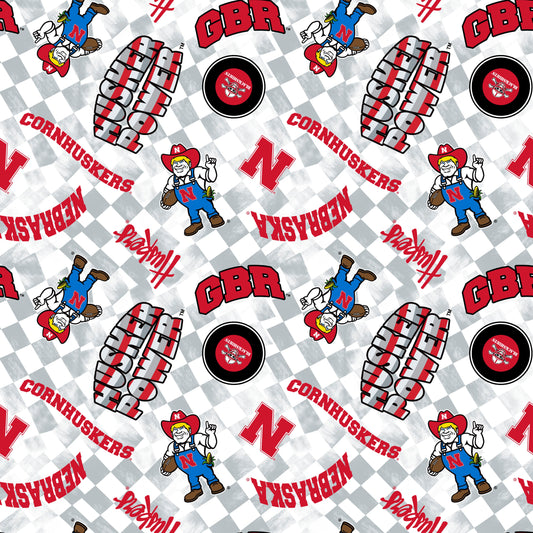 Nebraska Conrhuskers NCAA College Checks White Sykel Enterprises Canvas Duck Cloth Cotton Fabric NE-1380-WHITE