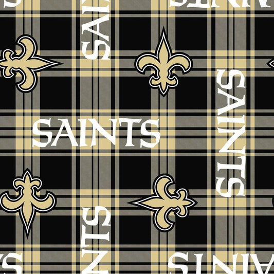 New Orleans Saints NFL Football Plaid Black Fabric Traditions 58" FLEECE Fabric