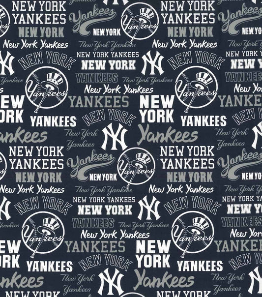 New York Yankees MLB Baseball Logo Name Allover Navy Fabric Traditions Cotton Fabric