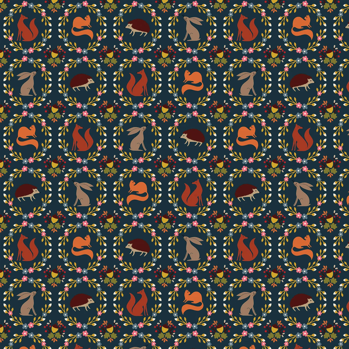 New Forest Autumn Wreath Woodland Animals Sian Summerhayes Thread & Ink Design Cotton Fabric TID-NEWF-1158