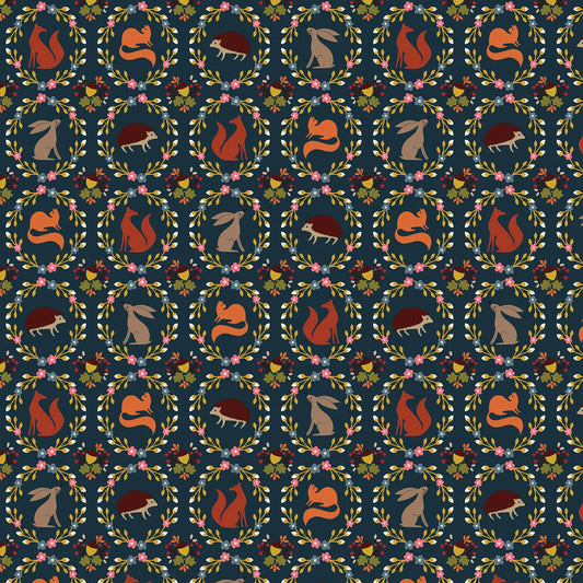 New Forest Autumn Wreath Woodland Animals Sian Summerhayes Thread & Ink Design Cotton Fabric TID-NEWF-1158