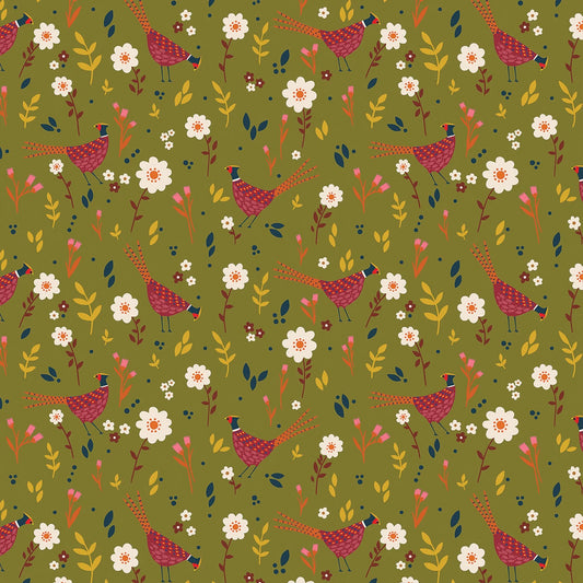 New Forest Pheasant Grove Green Sian Summerhayes Thread & Ink Design Cotton Fabric TID-NEWF-1153