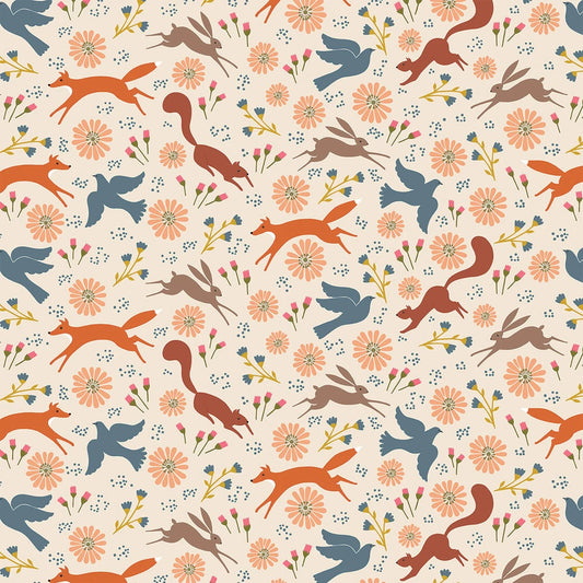 New Forest Woodland Tales Cream and White Sian Summerhayes Thread & Ink Design Cotton Fabric TID-NEWF-1151
