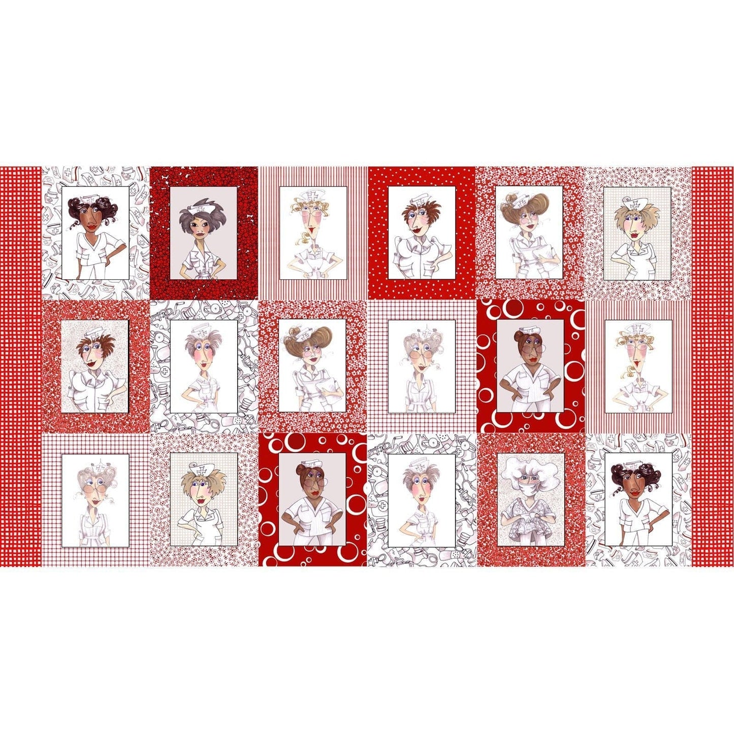 Nifty Nurses Nursing Cartoon Portraits Panel 24" Red White Lilac Loralie Designs Cotton Fabric