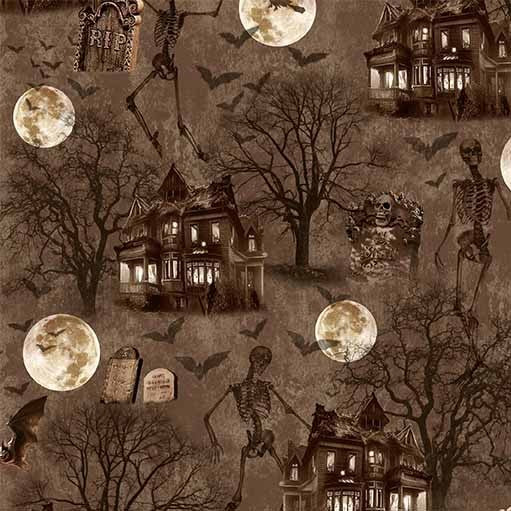 Nightmare at Halloween Spooky Haunted House Mud Brown Adrian Chesterman Michael Miller Cotton Fabric MM-DDC12735-MUDX-D