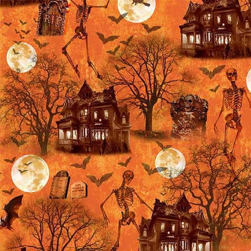 Nightmare at Halloween Spooky Haunted House Orange Adrian Chesterman Michael Miller Cotton Fabric MM-DDC12735-ORAN-D