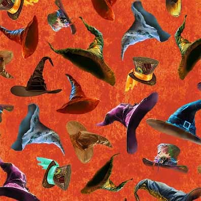 Nightmare at Halloween Witch Hats Orange Adrian Chesterman Michael Miller Cotton Fabric MM-DDC12729-ORAN-D
