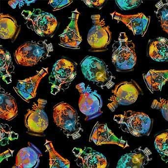 Nightmare at Halloween Witch Potion Bottles Black Adrian Chesterman Michael Miller Cotton Fabric MM-DDC12728-BLAC-D