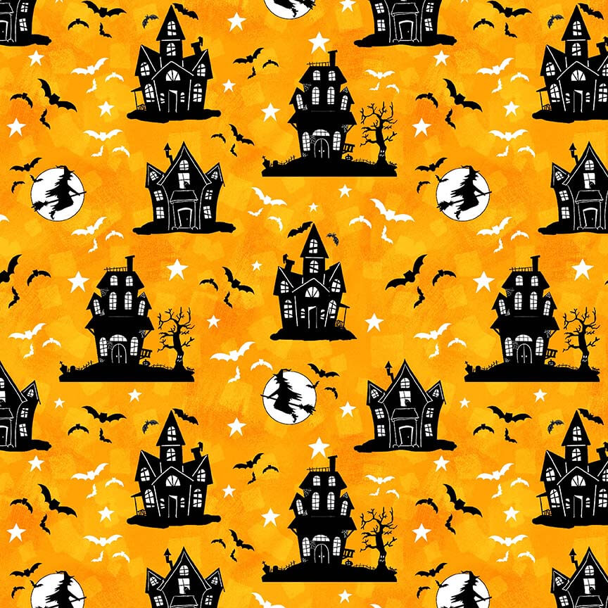 Nights of Olde Salem Haunted Houses Orange Glow in the Dark Shelly Comiskey Henry Glass Cotton Fabric