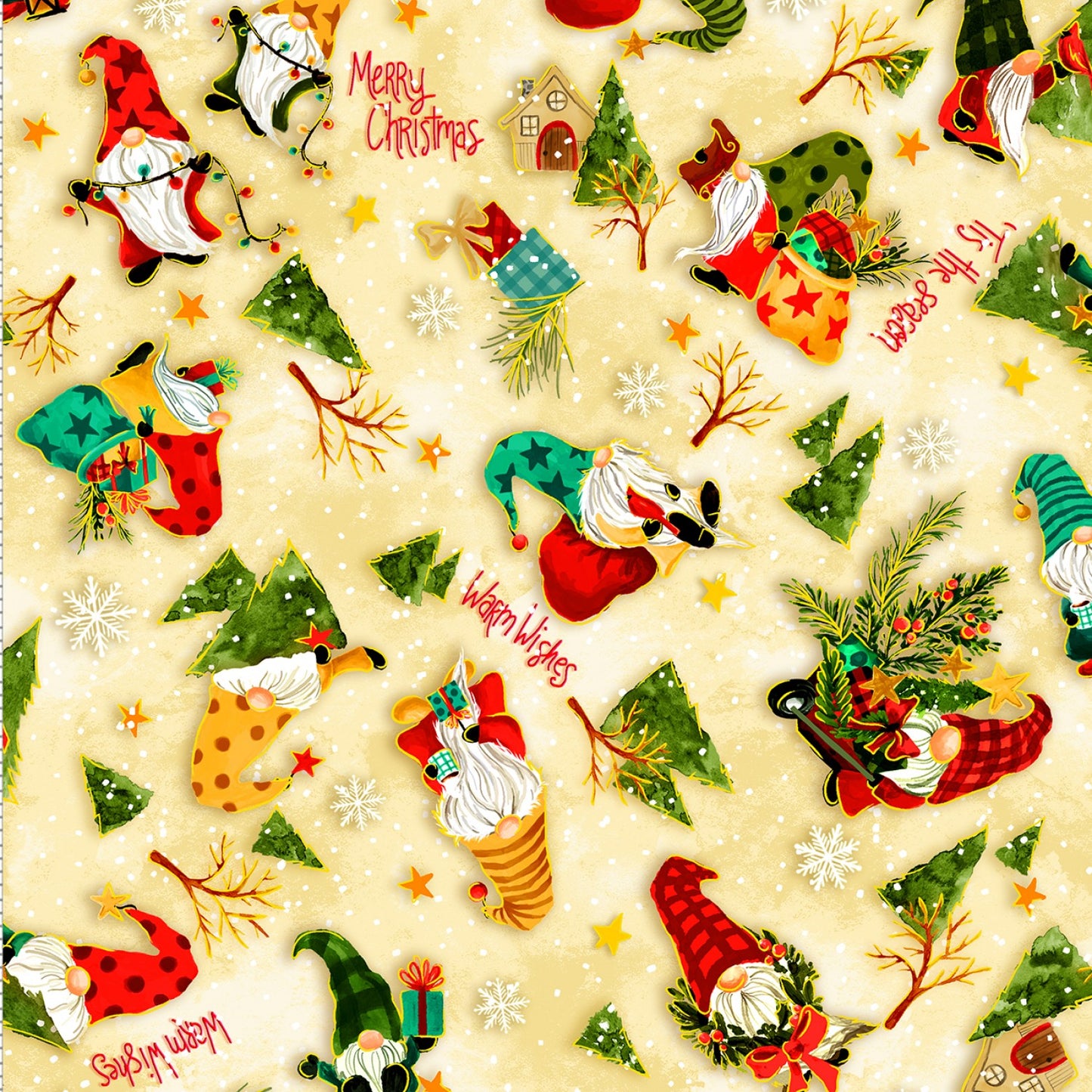 Noel 2023 Christmas Gnomes Ecru Yellow Oasis Fabrics Cotton Fabric