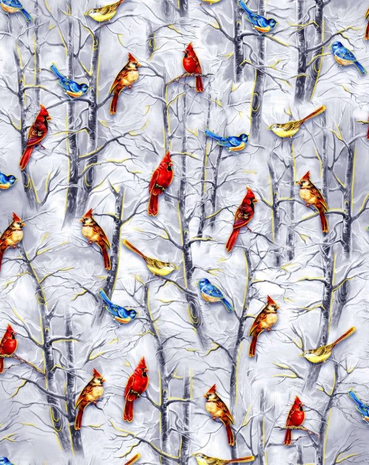 Noel 2025 Birds in Trees Grey Oasis Fabrics Cotton Fabric OA-598201 | US Fabric Shop