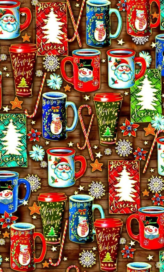 Noel 2025 Holiday Cups Brown Oasis Fabrics Cotton Fabric OA-598161