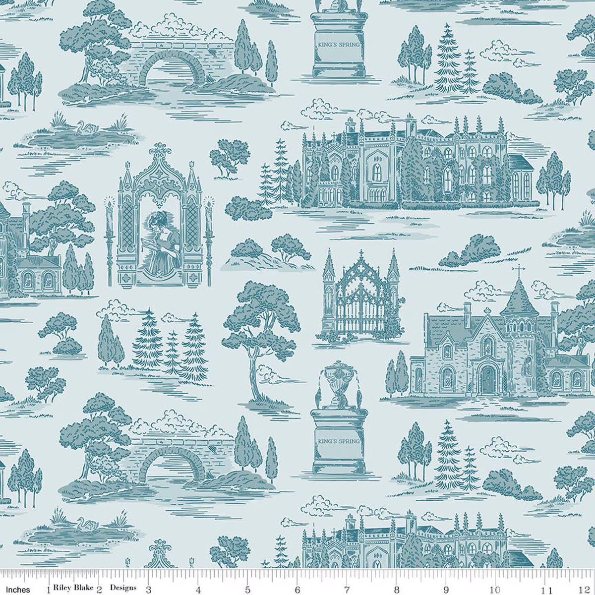Northanger Abbey Scenic Toile Blue Jane Austen's House Riley Blake Designs Cotton Fabric RB-C17894-BLUE