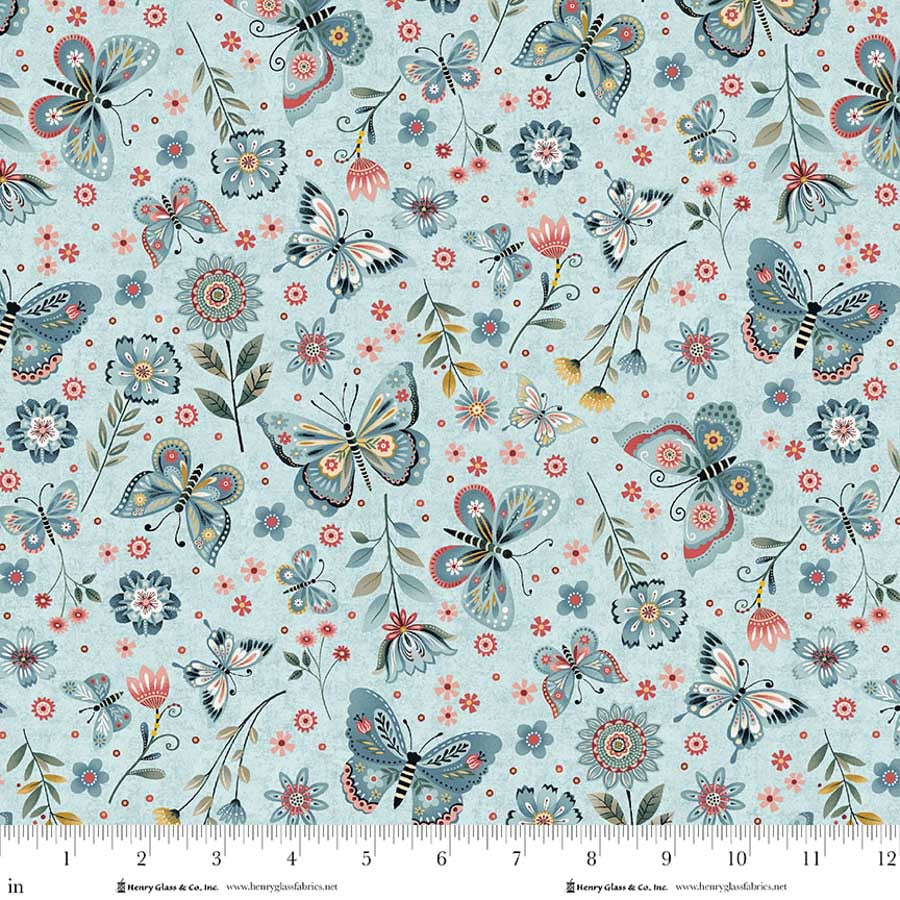 Norwegian Forest Butterfly Pale Blue Mary Jane Carey Holly Hill Quilt Designs Henry Glass Cotton Fabric HG-3545-17 | US Fabric Shop