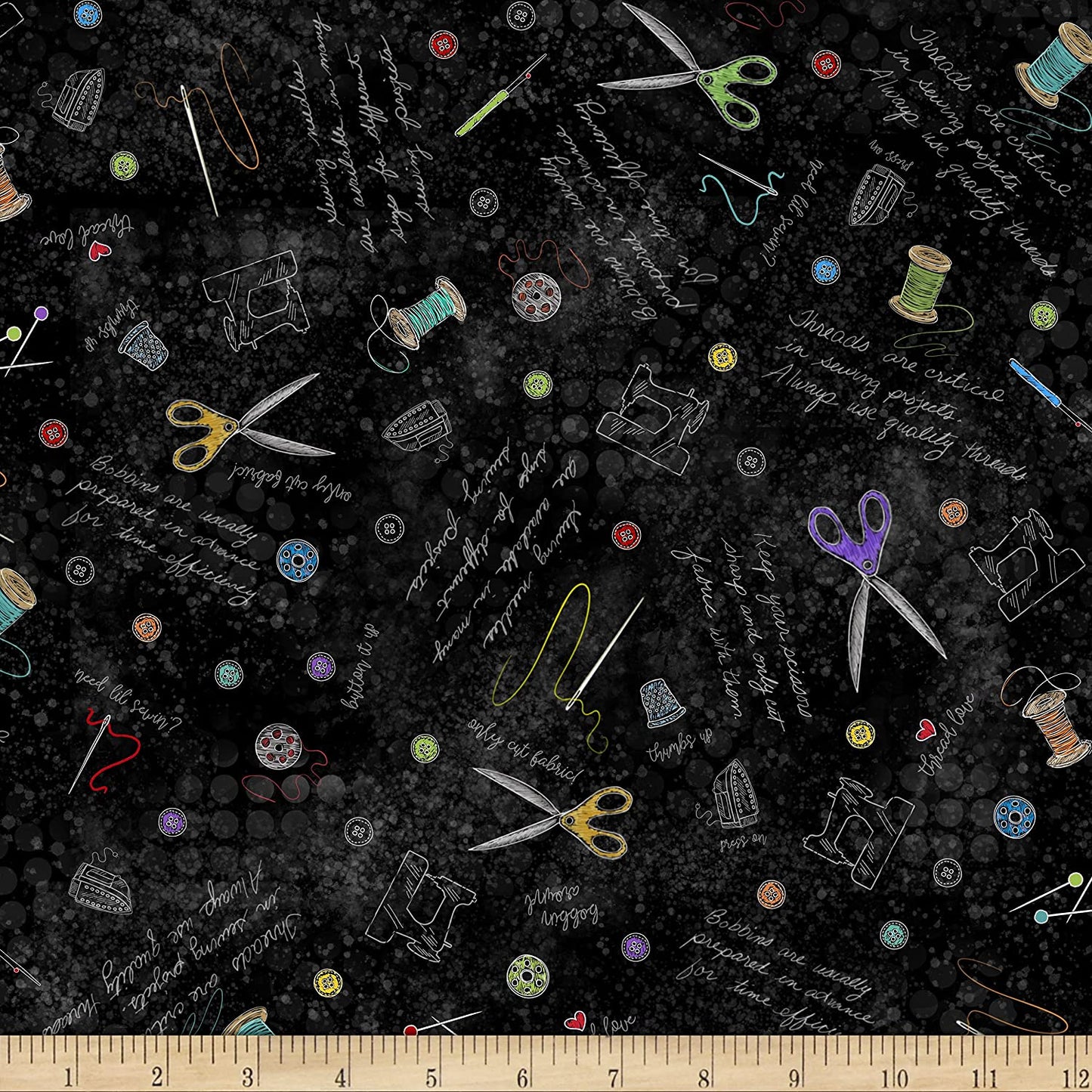 Notions Quilter's Trek Pop Of Color Notes and Tools Black QTI Timeless Treasures Cotton Fabric