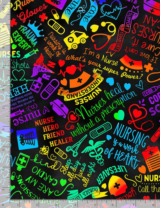 Nursing Text Rainbow Proud to be a Nurse Black Gail Cadden Timeless Treasures Cotton Fabric