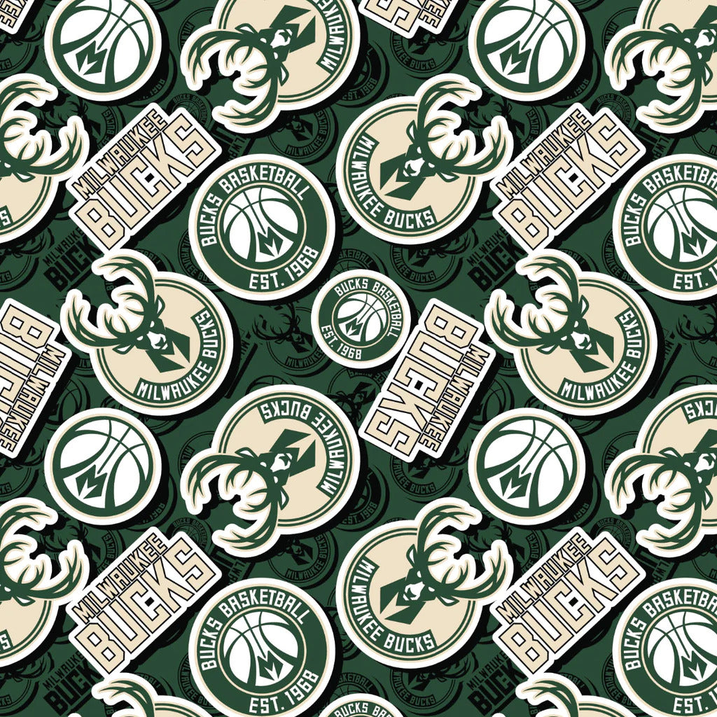 Milwaukee Bucks NBA Basketball 2023 Sticker Toss Green Camelot Cotton Fabric