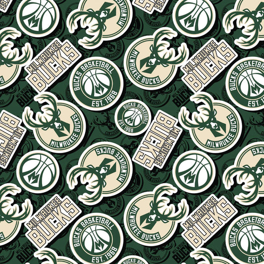 Milwaukee Bucks NBA Basketball 2023 Sticker Toss Green Camelot Cotton Fabric