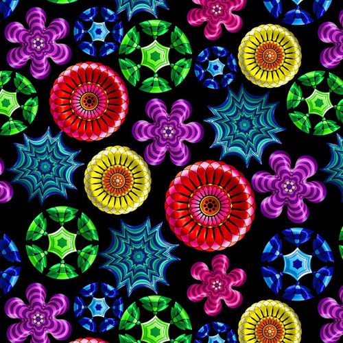 Kaleidographix Large Rosette Black Suzan Lind Blank Quilting Cotton Fabric