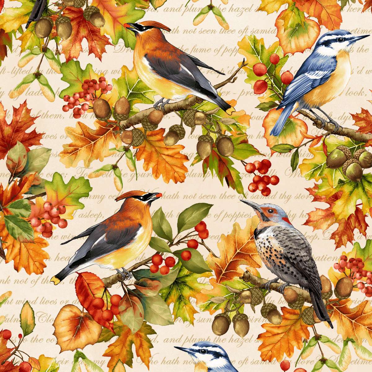 Oak & Berries Allover Birds and Leaves Cream Multi Jan Mott Henry Glass Cotton Fabric HG-3653-44