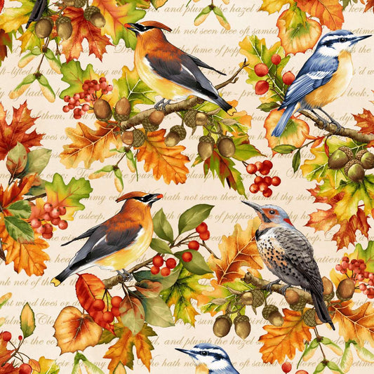 Oak & Berries Allover Birds and Leaves Cream Multi Jan Mott Henry Glass Cotton Fabric HG-3653-44