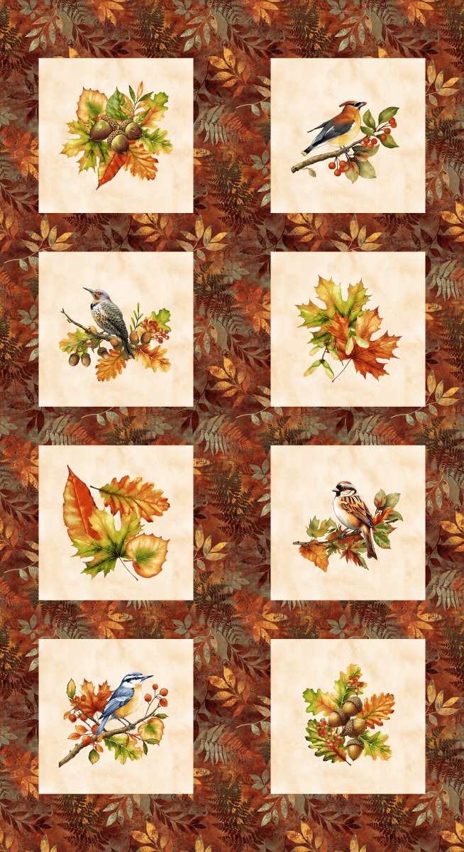 Oak & Berries Bird Blocks Panel 24" Cream Jan Mott Henry Glass Cotton Fabric HG-3656B-83