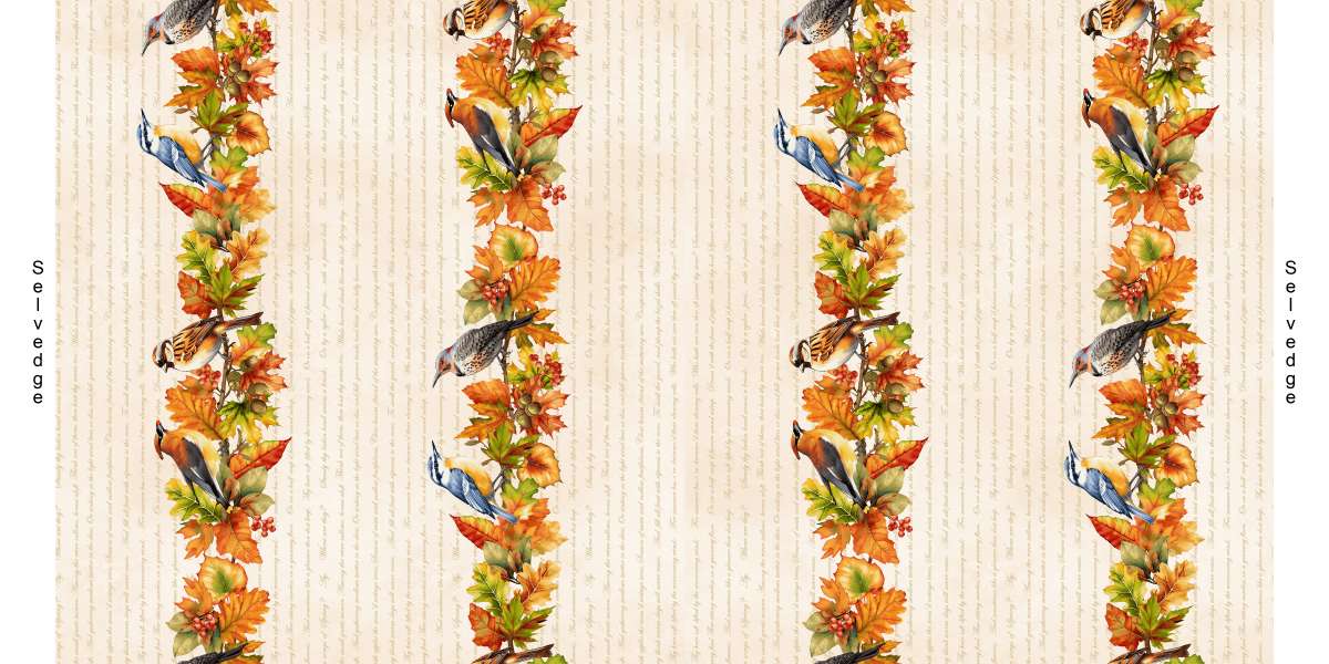 Oak & Berries Border Stripe Cream Jan Mott Henry Glass Cotton Fabric HG-3655-44