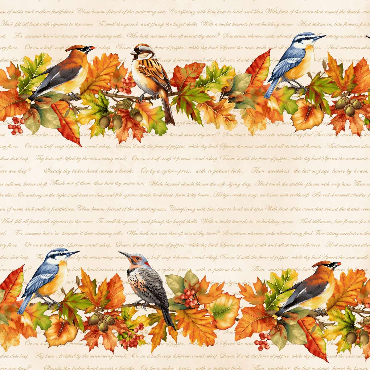 Oak & Berries Border Stripe Cream Jan Mott Henry Glass Cotton Fabric HG-3655-44