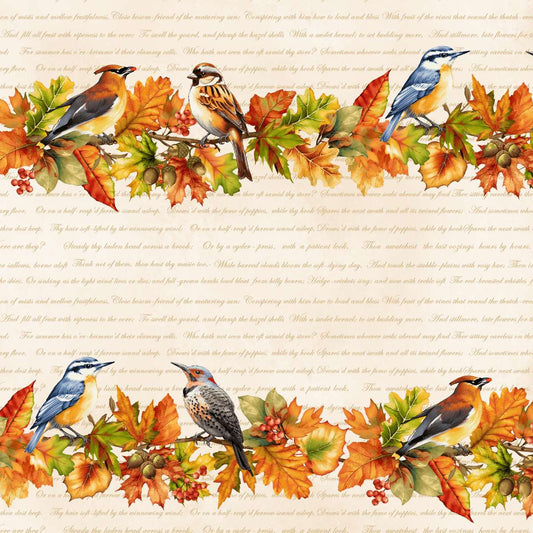 Oak & Berries Border Stripe Cream Jan Mott Henry Glass Cotton Fabric HG-3655-44