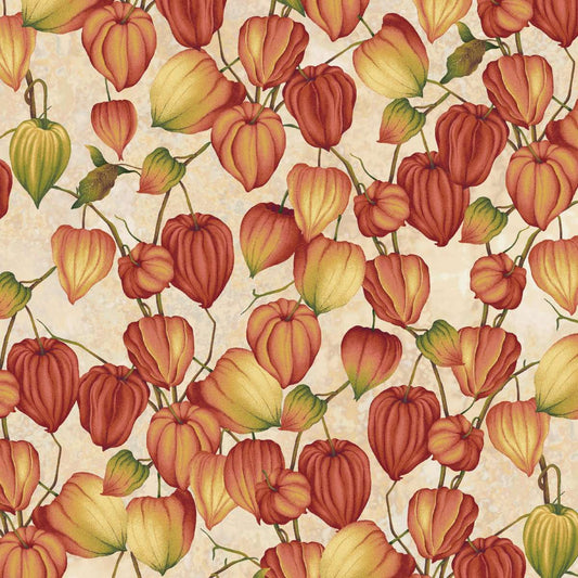 Oak & Berries Chinese Lanterns Cream Multi Jan Mott Henry Glass Cotton Fabric HG-3650-44