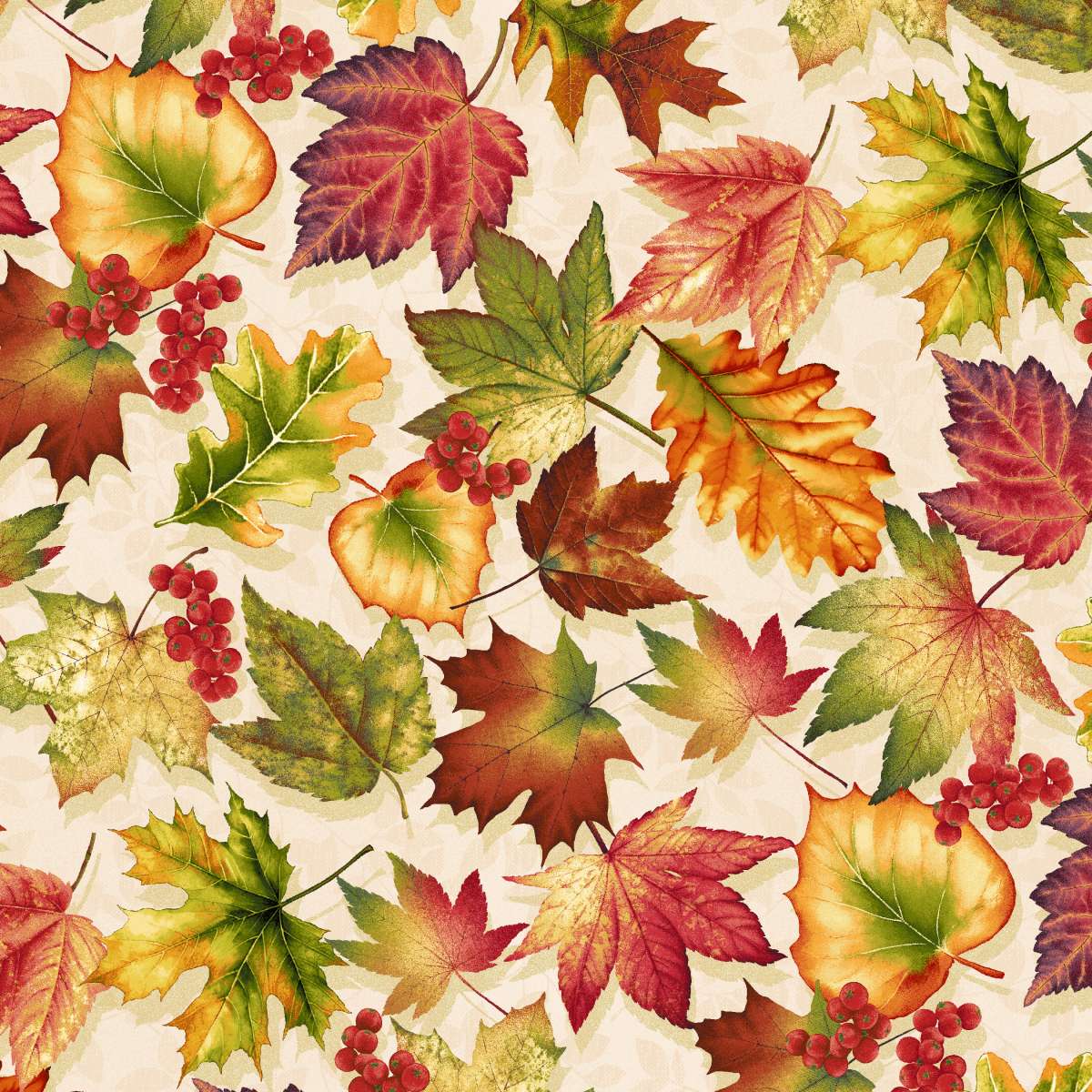 Oak & Berries Leaf Toss Cream Jan Mott Henry Glass Cotton Fabric HG-3652-44