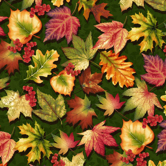 Oak & Berries Leaf Toss Green Jan Mott Henry Glass Cotton Fabric HG-3652-66