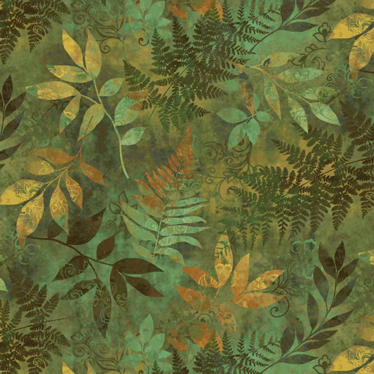 Oak & Berries Mixed Media Leaves Green Jan Mott Henry Glass Cotton Fabric HG-3648-66