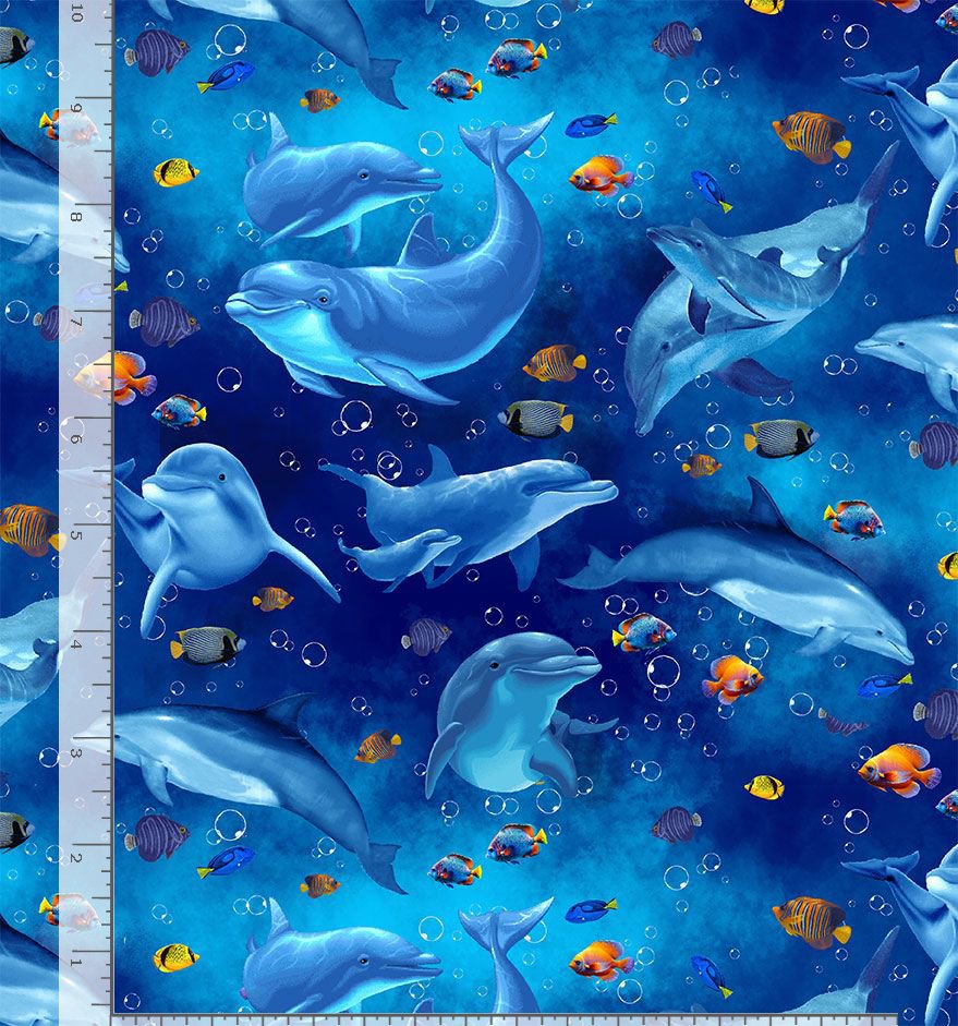 Ocean Life Playful Dolphin and Fish Ocean Blue Timeless Treasures Cotton Fabric