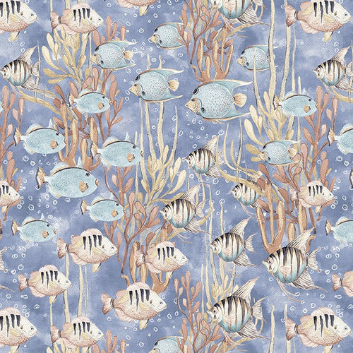 Ocean Oasis Fish and Seaweed Medium Blue Patricia Pinto Blank Quilting Cotton Fabric