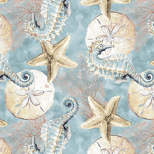 Ocean Oasis Sand Dollars and Seahorses Light Blue Patricia Pinto Blank Quilting Cotton Fabric