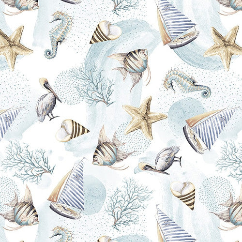 Ocean Oasis Sea Motifs Seahorse Starfish Seashell Ivory White Patricia Pinto Blank Quilting Cotton Fabric