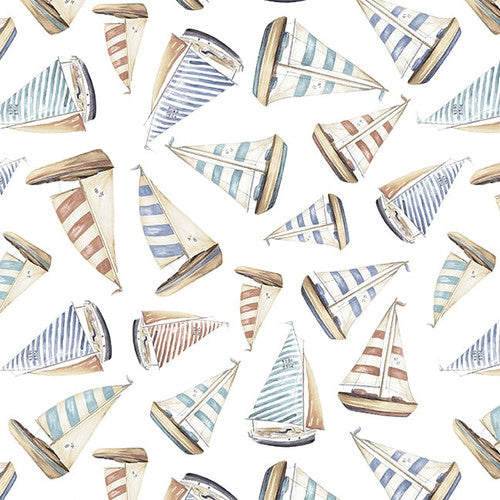 Ocean Oasis Tossed Sailboats Ivory White Patricia Pinto Blank Quilting Cotton Fabric