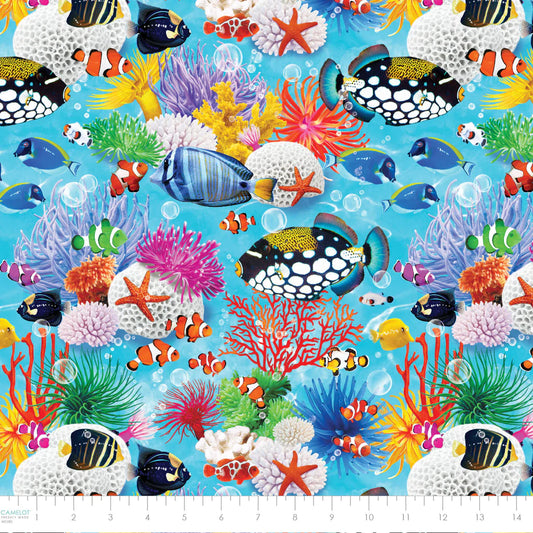 Ocean Story Coral Fish Seashells Aqua Blue Camelot Cotton Fabric