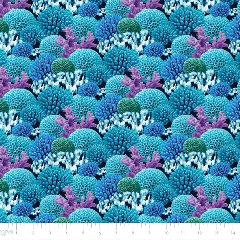 Ocean Story Coral Reefs Packed Aqua Blue Camelot Cotton Fabric