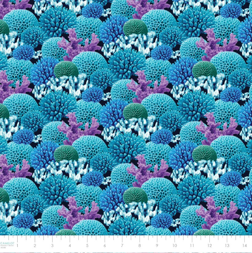 Ocean Story Coral Reefs Packed Aqua Blue Camelot Cotton Fabric | US Fabric Shop