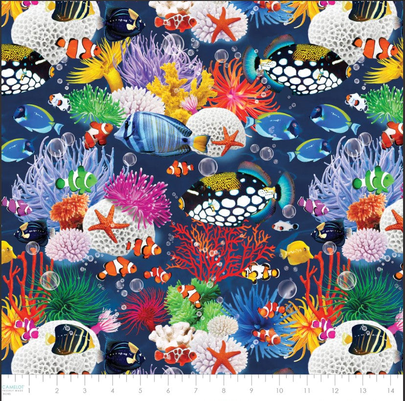 Ocean Story Fish and Corals Allover Navy Blue Camelot Cotton Fabric