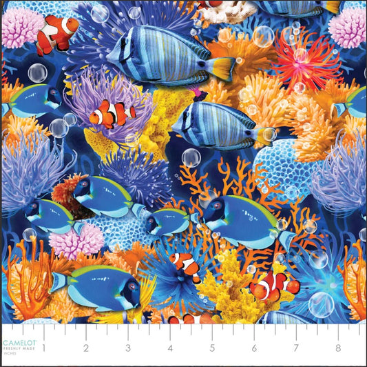 Ocean Story Sea Life Fish and Corals Allover Multi Camelot Cotton Fabric