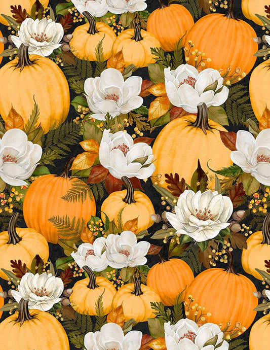 Oh My Gourd! Pumpkins & Florals Black Multi Danielle Leone Wilmington Prints Cotton Fabric WP-3017-27744-987