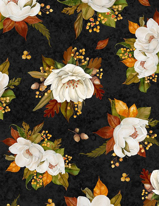 Oh My Gourd! Tossed Magnolias Black Danielle Leone Wilmington Prints Cotton Fabric WP-3017-27745-972