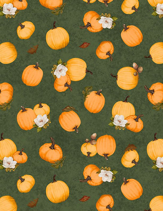 Oh My Gourd! Tossed Pumpkins Green Danielle Leone Wilmington Prints Cotton Fabric WP-3017-27747-782