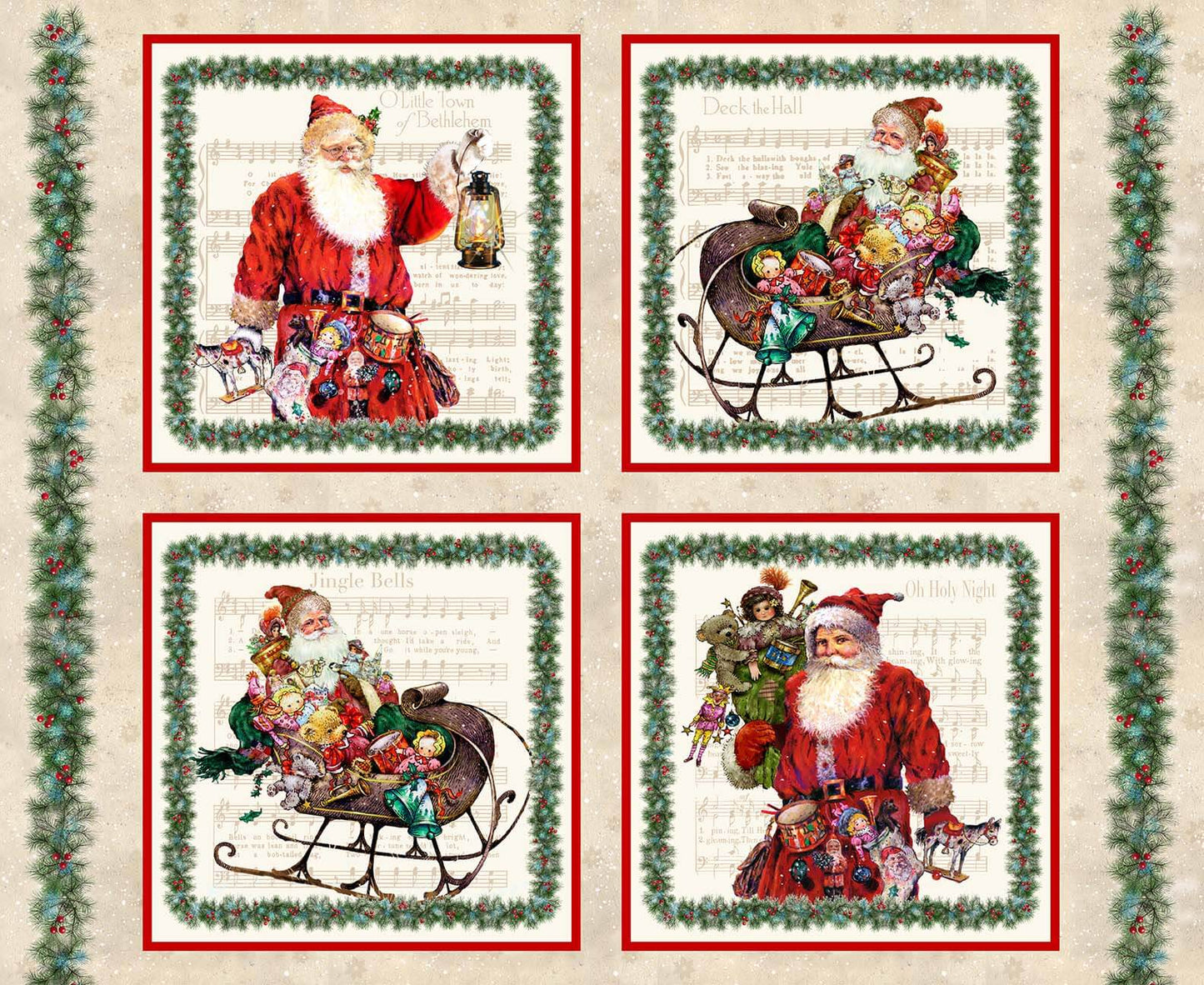 Old Saint Nick 4 Pillow Block Panel 36” Cream Robert Giordano Henry Glass Cotton Fabric