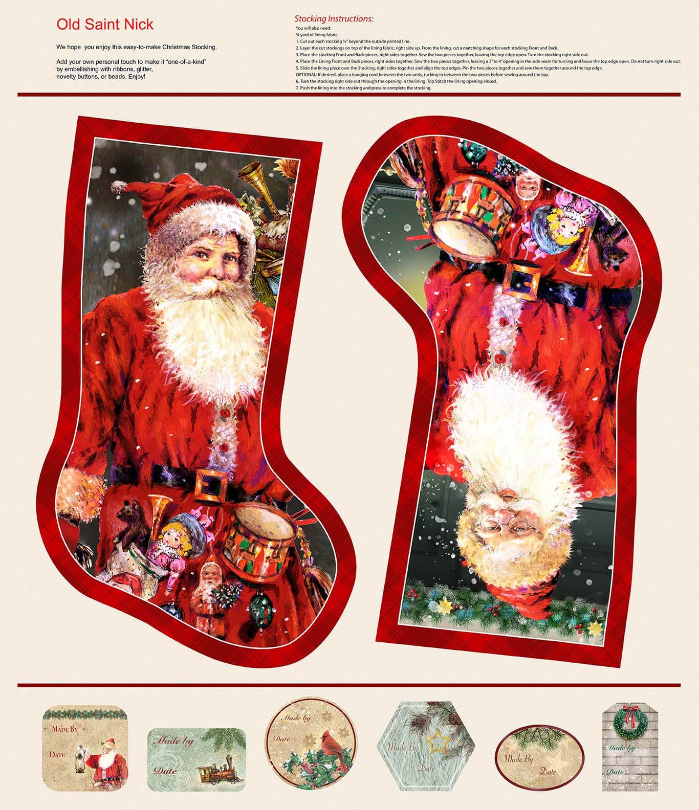 Old Saint Nick Stocking Panel 36” Cream Robert Giordano Henry Glass Cotton Fabric