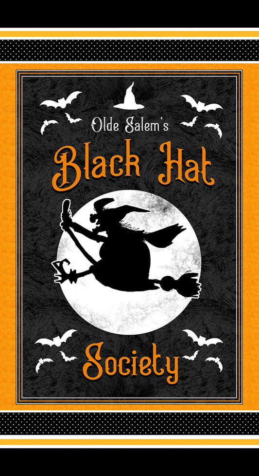 Olde Salem Black Hat Society Banner Panel Glow in Dark 24" Shelly Comiskey Henry Glass Cotton Fabric