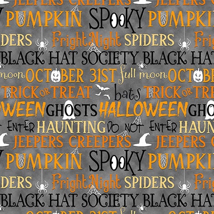 Olde Salem Black Hat Society Halloween Words Grey Shelly Comiskey Henry Glass Cotton Fabric | US Fabric Shop
